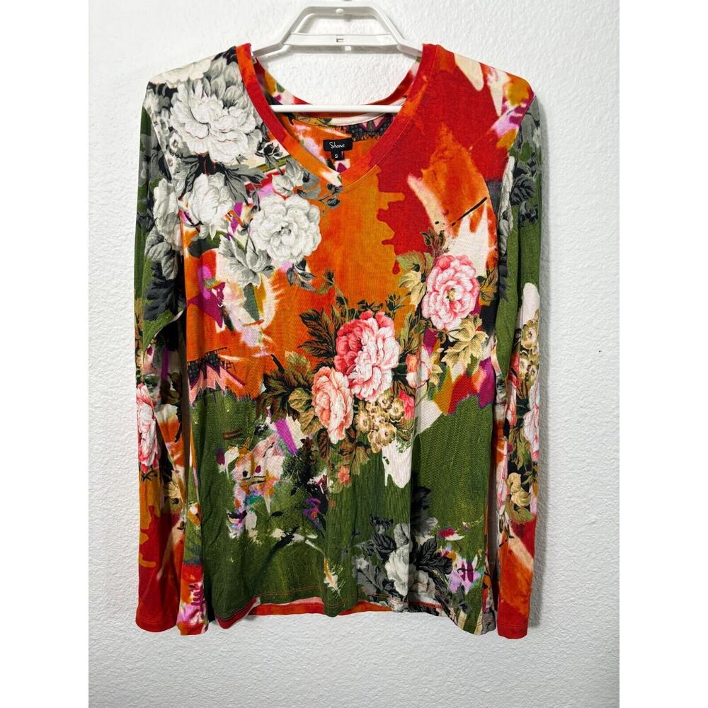 Shana Top Womens Small Floral Multicolor Long Sleeve Polyester Blend‎ V Neck